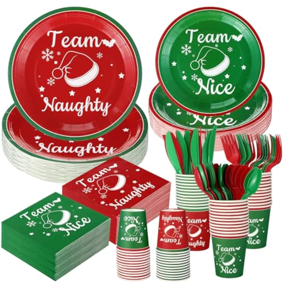 244 Pcs Merry Christmas Friendsmas Naughty Team Nice Party Supplies Dinnerware Set Team Include 24 Pcs 9 And 7 Inch Plates 9 Oz Paper Cups Napkins Knives Forks Spoons For Xmas Party Decoration