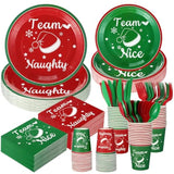 244 Pcs Merry Christmas Friendsmas Naughty Team Nice Party Supplies Dinnerware Set Team Include 24 Pcs 9 And 7 Inch Plates 9 Oz Paper Cups Napkins Knives Forks Spoons For Xmas Party Decoration