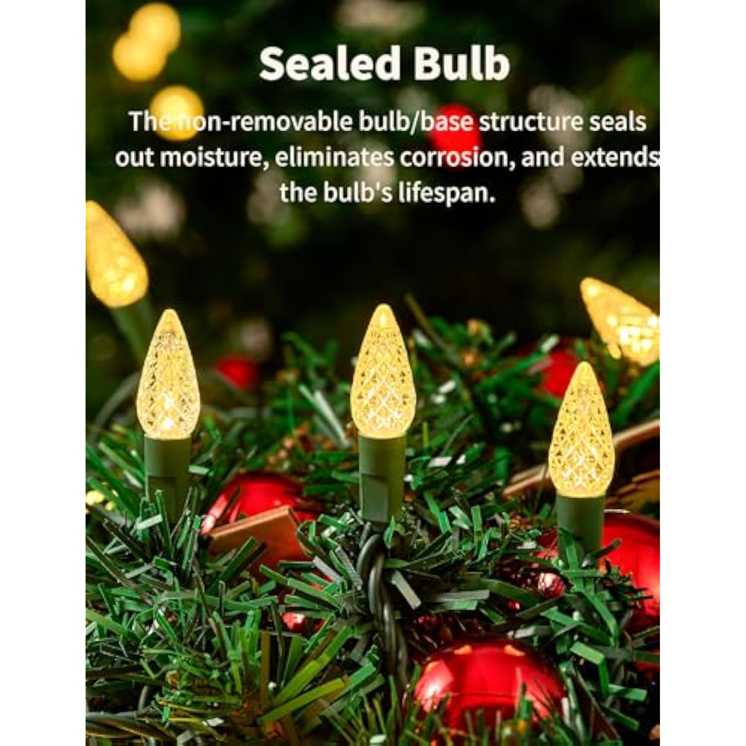 Christmas Lights Outdoor, Faceted C6 17Ft 50 Led String Lights Plug In, Extendable Green Wire Warm White Christmas Strin