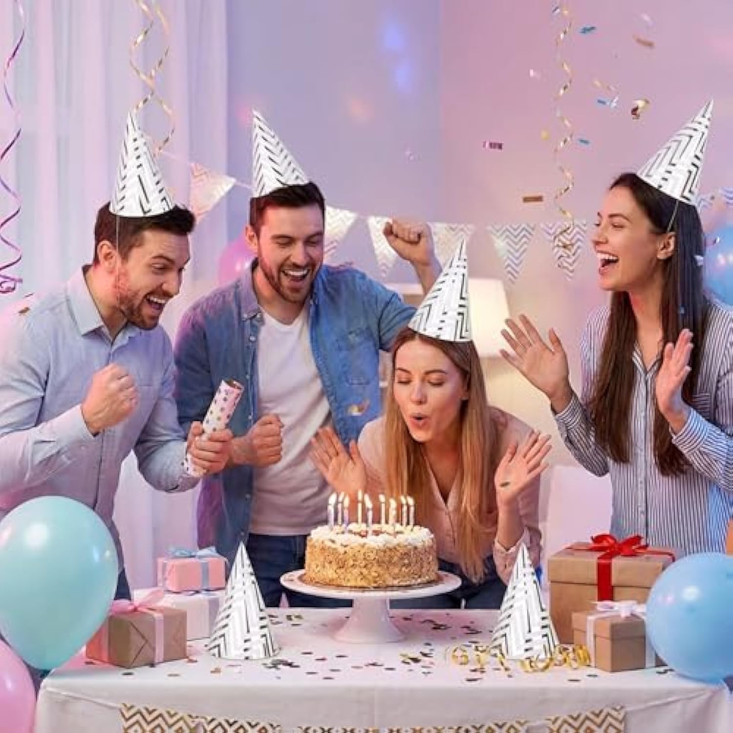 Silver Party Hats For Adults And Kids 10 Pack, 7.9 Inch Large Birthday Cone Hats Bulk, Metallic Foil Paper Headwear For Men, Women, New Year Eve Office Event Decorations