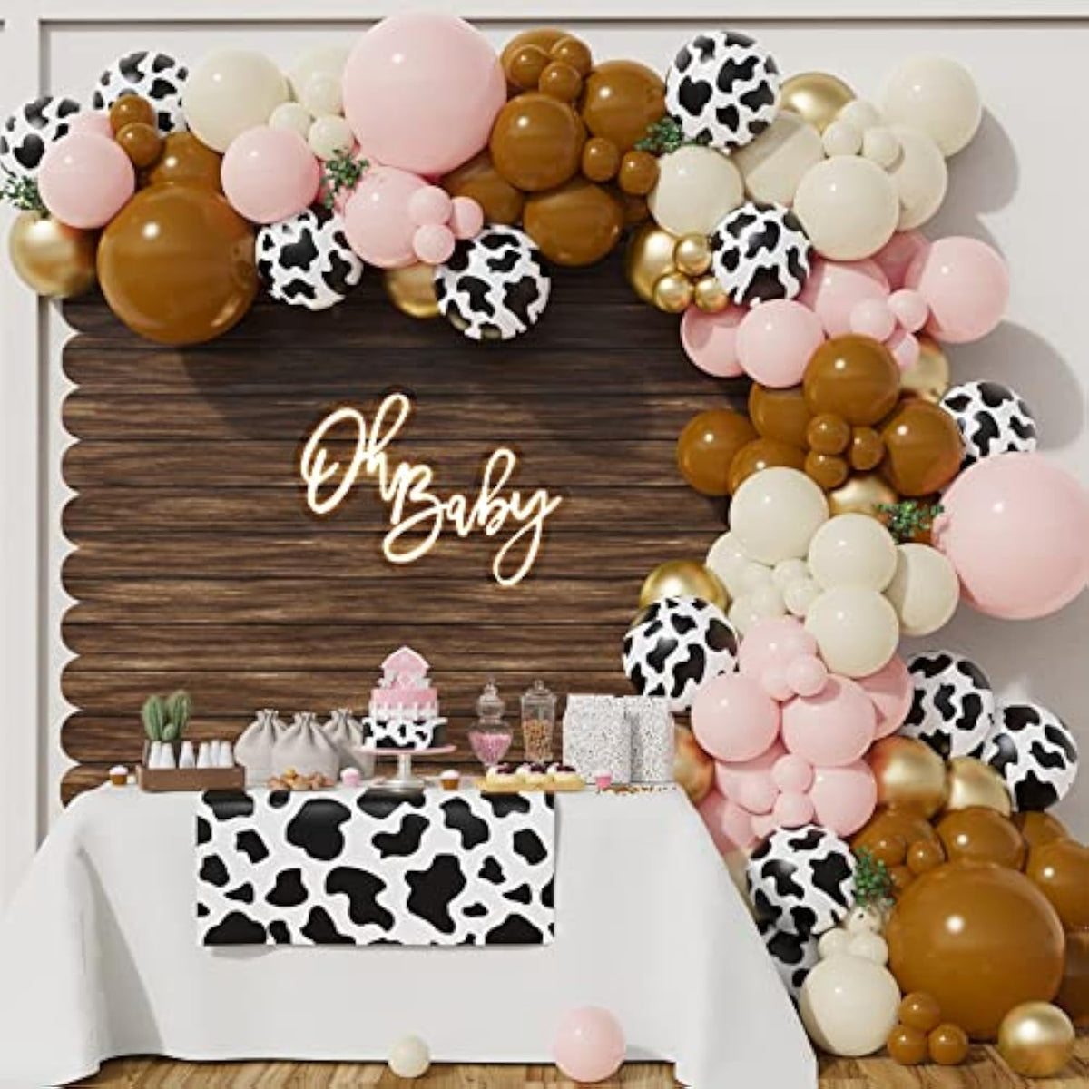 135Pcs Cowgirl Pink Balloon Arch Kit with Cow Print and Gold for Parties