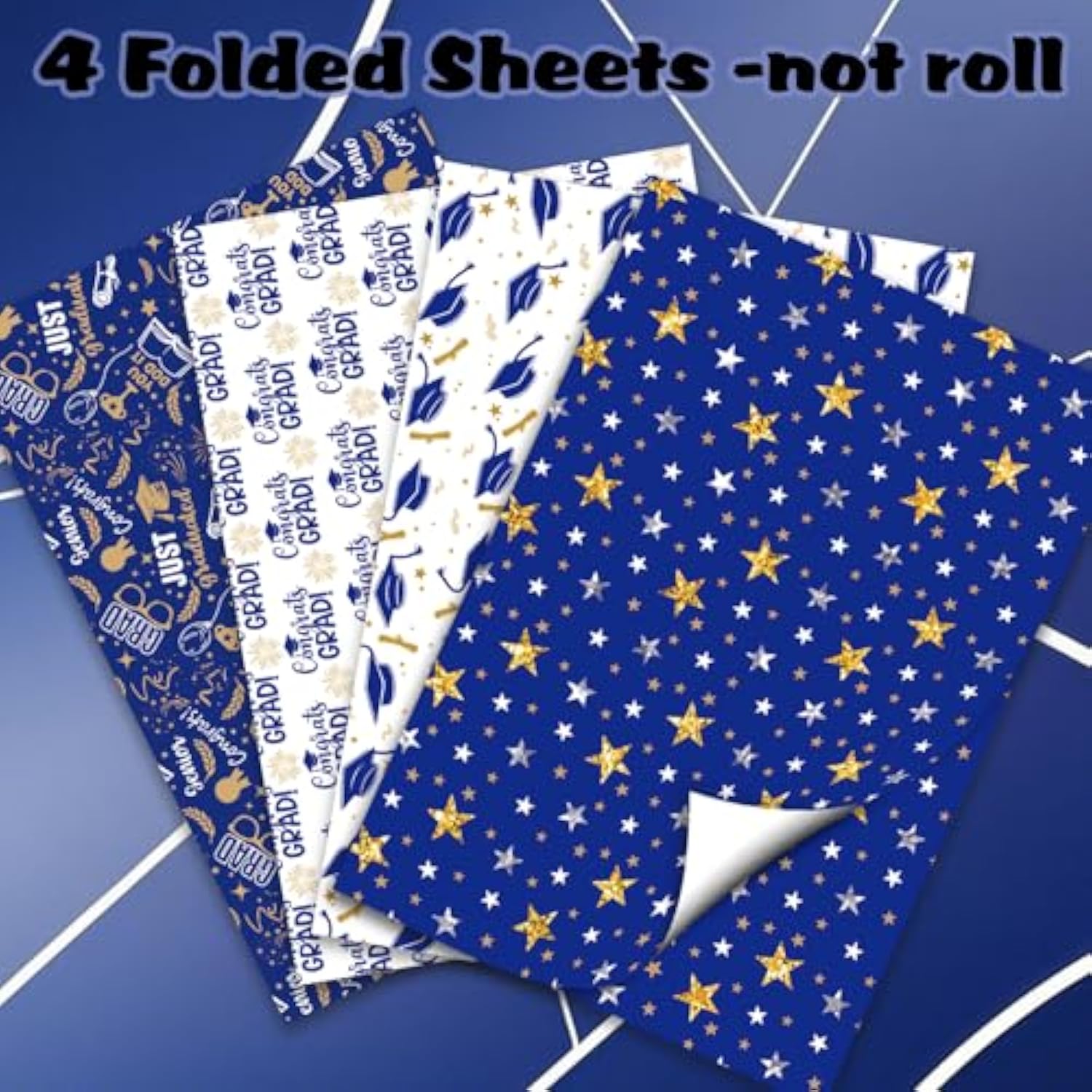 28 X 40 In Graduation Wrapping Paper Navy Gold Class Of 2025 Graduation Cap Assorted Design, Folded Flat Gift Wrap Paper - 6 Jumbo Sheets For School College Congrats Grad Party Celebration