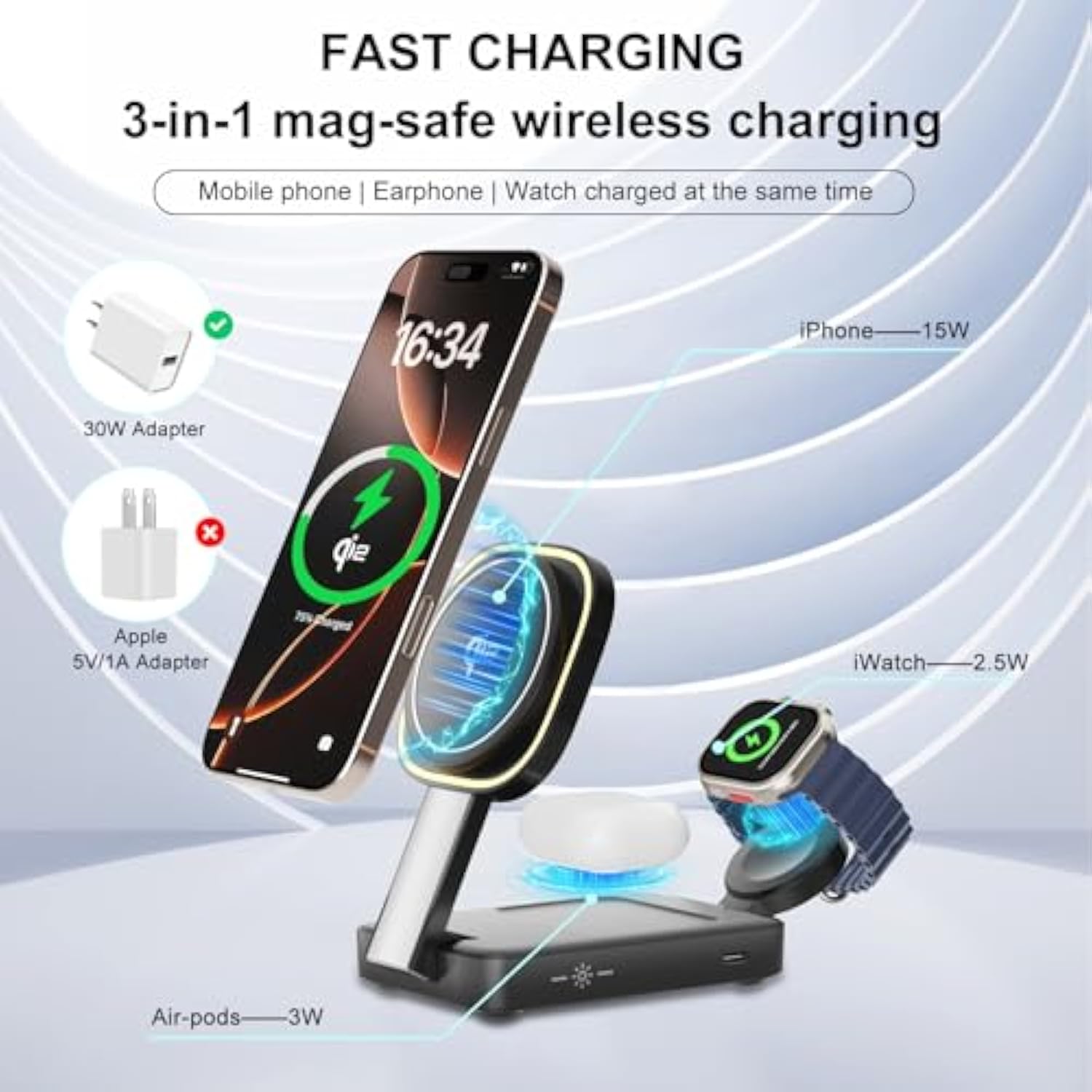 Magnetic Wireless Charger Apple Charging Station,Qi2 Certified 3 In 1 Wireless Charging Station Night-Lamp,Mag-Safe Charger Compatible With Apple 17/16/15/14/13/12&Air-Pods&Iwatch(Black)