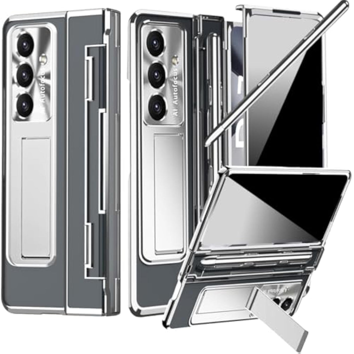 For Z Fold 7 Case With S Pen Holder & Stylus And Kickstand, Built-In Privacy Screen Protector Flat Hinge For Samsung Galaxy Z Fold 7 Case, Galaxy Fold7 Phone Cover With S Pen Slot - Clear Silver