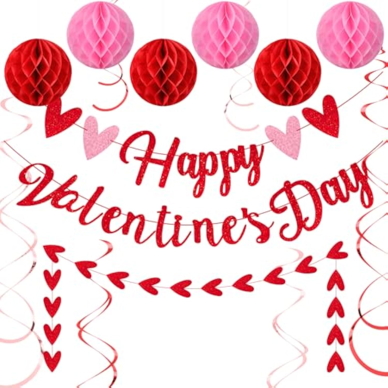17 Pcs Happy Valentine'S Day Decorations Red Pink Glitter Heart Valentine Banner Sign Valentine Hanging Swirls Honeycomb Balls For Galentines Party Wedding Anniversary Hanging Decoration