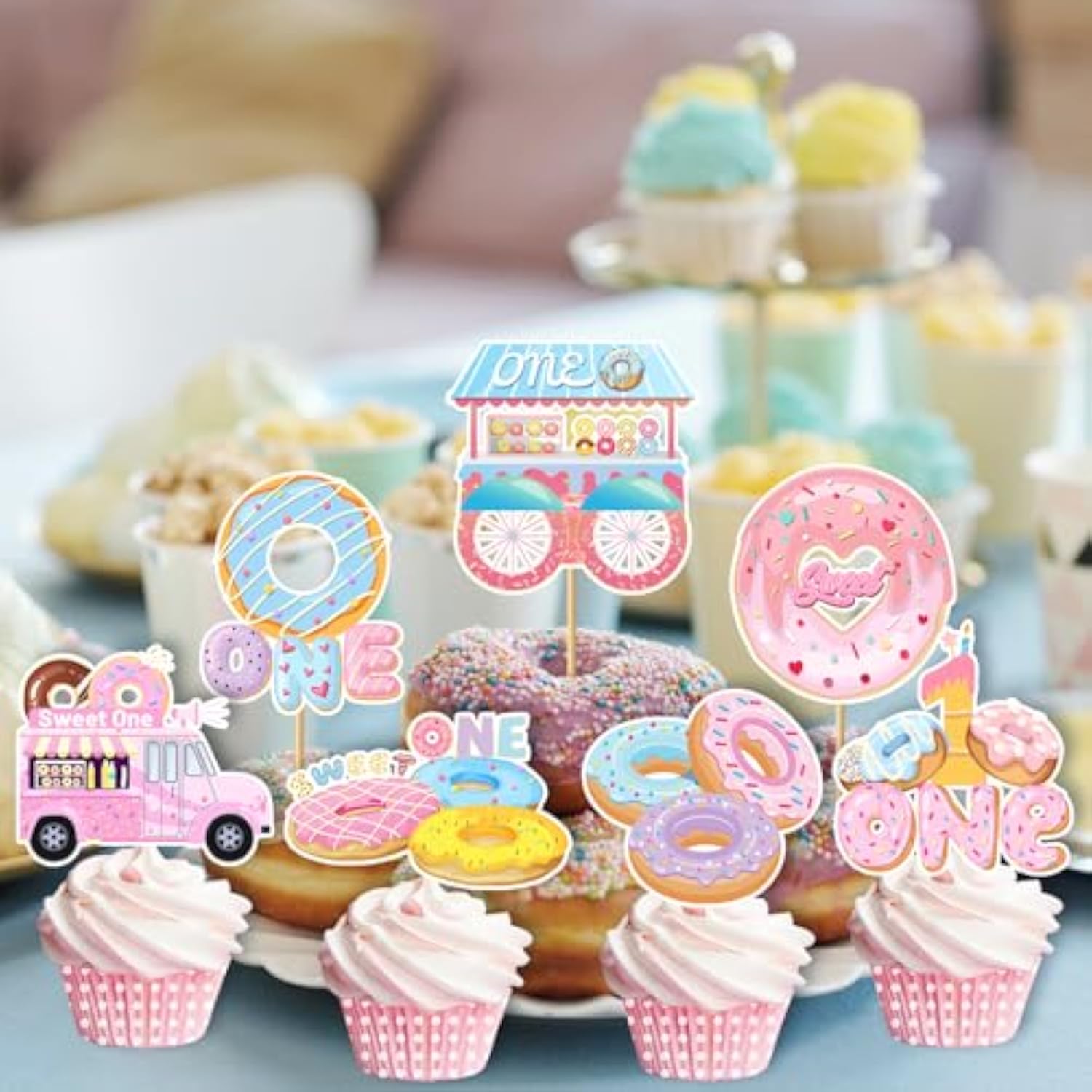 24 Pcs Donut Sweet One Birthday Party Decorations, Donut Party Cupcake Topper Decorations For Girls 1St Birthday Party Baby Shower Supplies