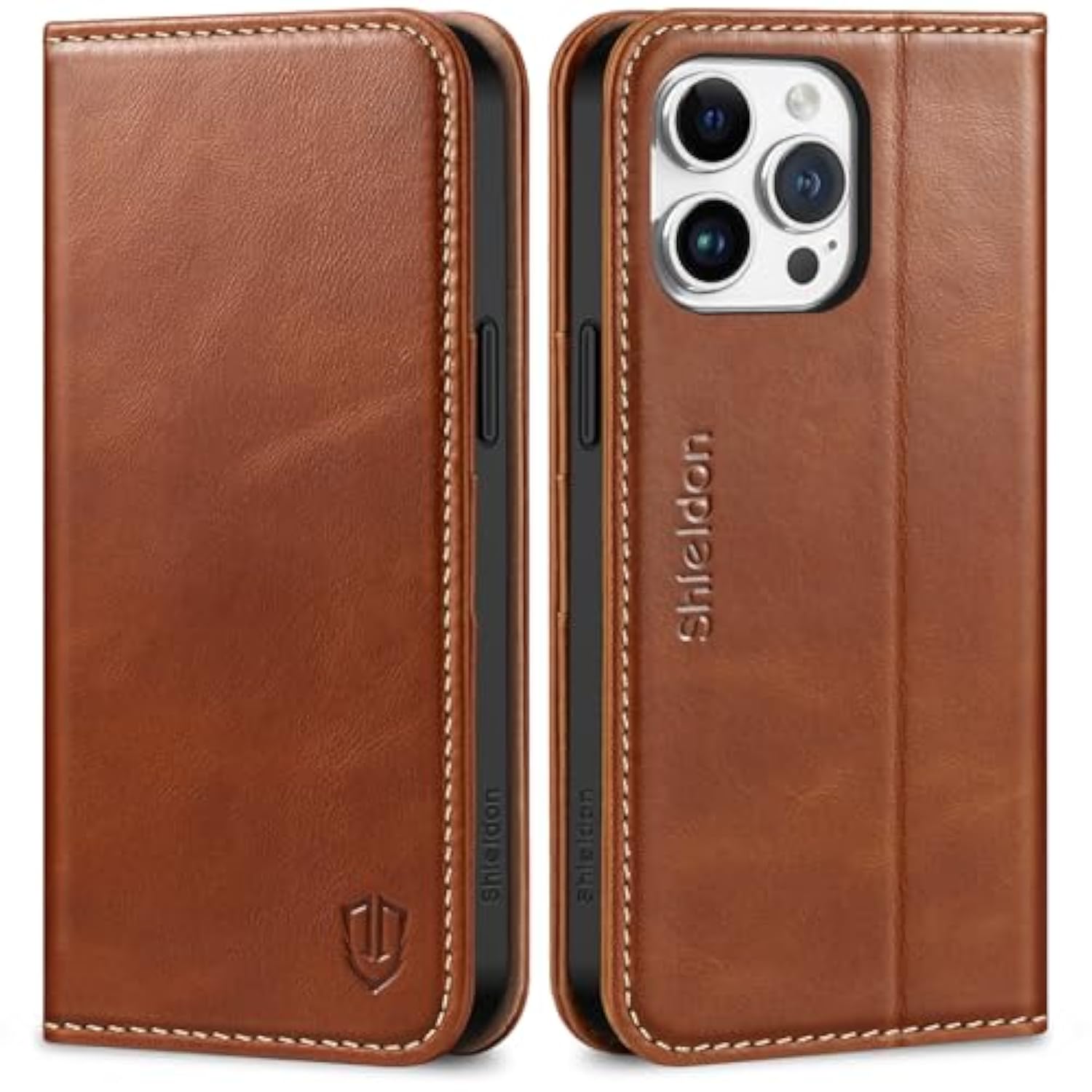SHIELDON Case for iPhone 15 Pro Max 6.7", Genuine Leather Wallet Flip Magnetic Cover RFID Blocking Credit Card Holder Kickstand TPU Shockproof Case Compatible with iPhone 15 Pro Max 5G - Retro Brown