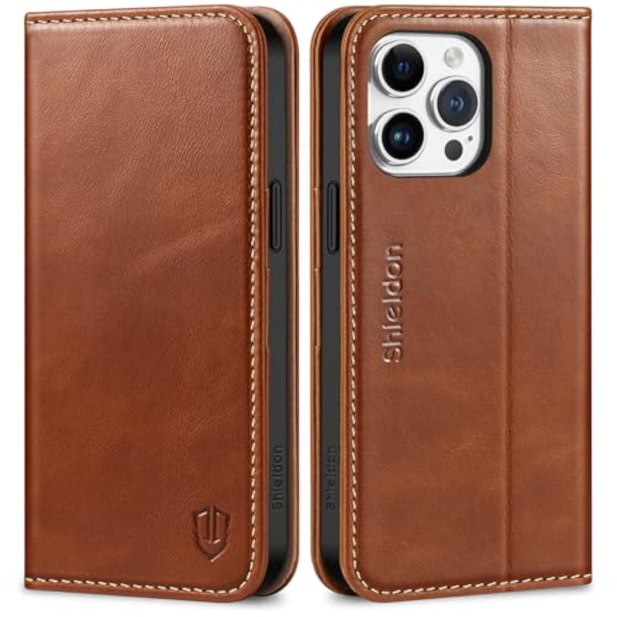 SHIELDON Case for iPhone 15 Pro Max 6.7", Genuine Leather Wallet Flip Magnetic Cover RFID Blocking Credit Card Holder Kickstand TPU Shockproof Case Compatible with iPhone 15 Pro Max 5G - Retro Brown