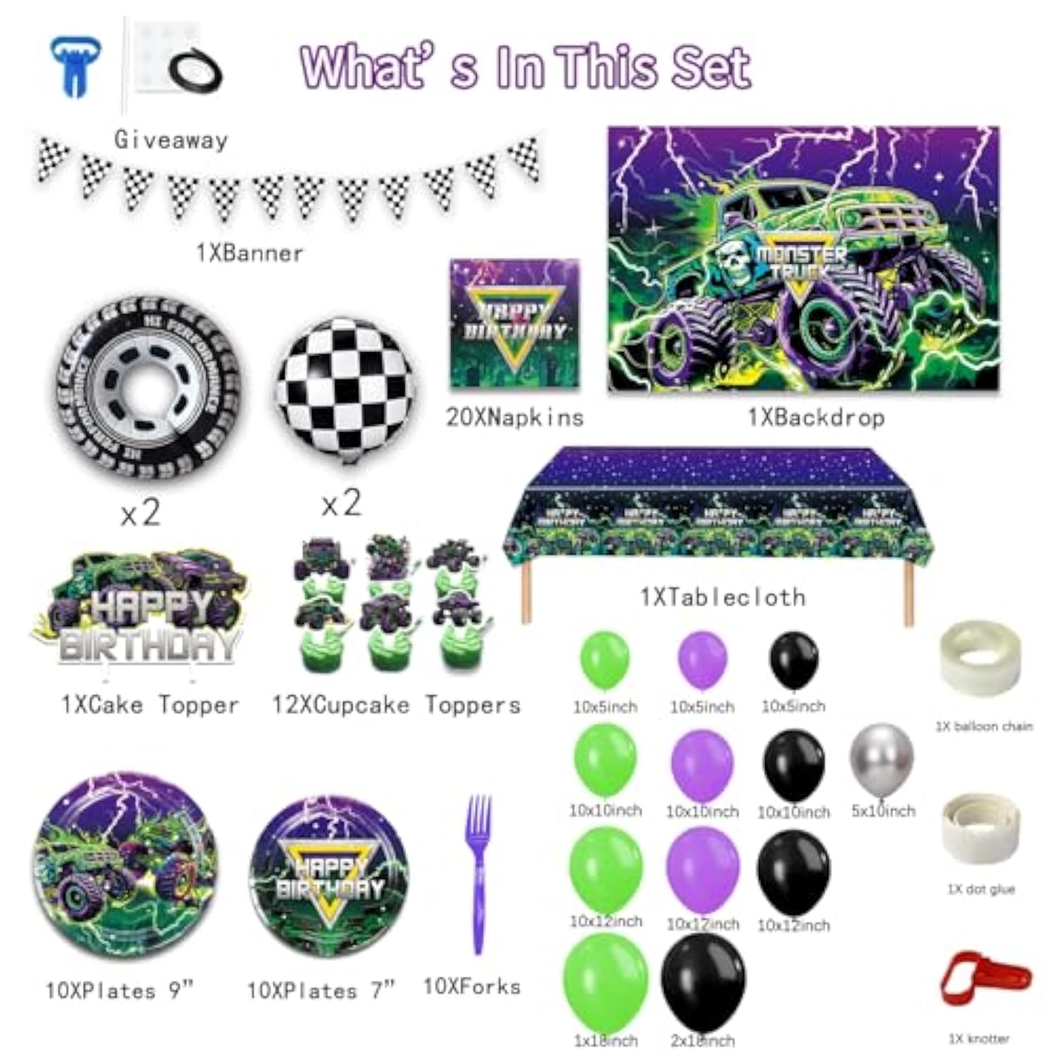 182Pcs Monster Truck Birthday Decorations?Monster Truck Balloon Arch?Monster Truck Party Decorations?Include Balloon Arch,Banner?Backdrop, Cake Toppers?Tableware, Tablecloth