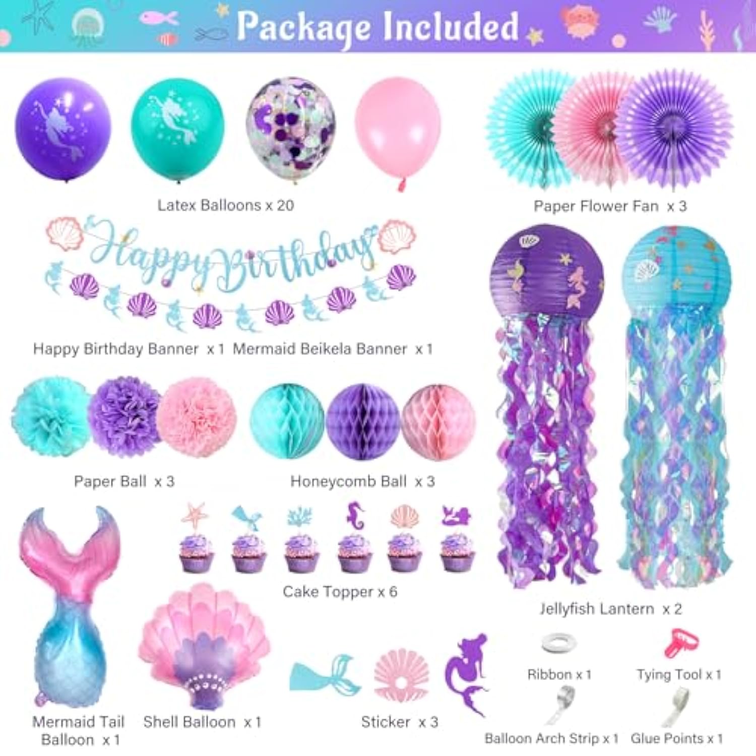 Mermaid Birthday Party Decorations, 48Pcs Happy Birthday Banner Jellyfish Lantern Cake Topper Balloons For Little Mermaid Theme Baby Shower Ocean Party Supplies Favors Girl