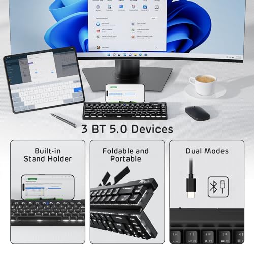 F68 60% Foldable Low Profile Mechanical Keyboard, Wireless Mechanical Keyboard With Aluminum Body, Built-In Stand Holder, White Backlit, 68 Keys