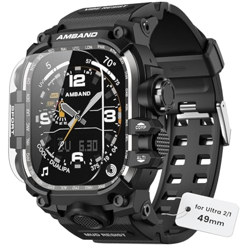 Rugged Case With Band For Apple Watch Ultra 2/1 49Mm, M3 Military Grade Shockproof Protective Bumper Cover + Screen Protector, Tactical Strap Accessory For Iwatch, Gift For Men, Matte Black