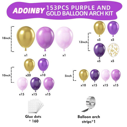Purple Balloon Arch Kit, 153Pcs Different Sizes Inch Lavender Metallic Purple And Gold Balloons And Confetti Party Balloon Garland Kit For Women Birthday Baby Shower Wedding Party Decorations