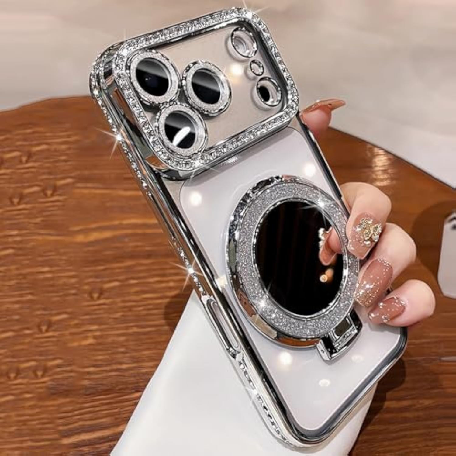 Clear Glitter Diamond Magnetic Case for iPhone 17 Pro Max with Sparkly Makeup Mirror Invisible Stand Ring, 6.9" Silver