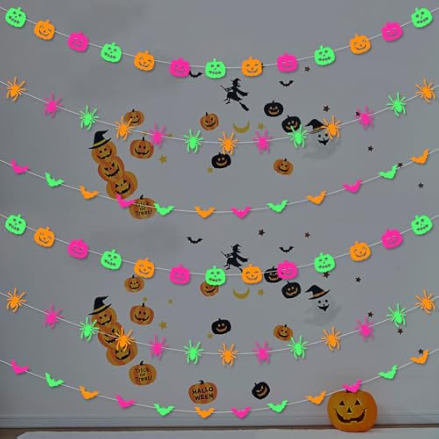 3PCS Halloween Neon Banner Glow in Dark Pumpkin Bats Spiders Hanging Garland