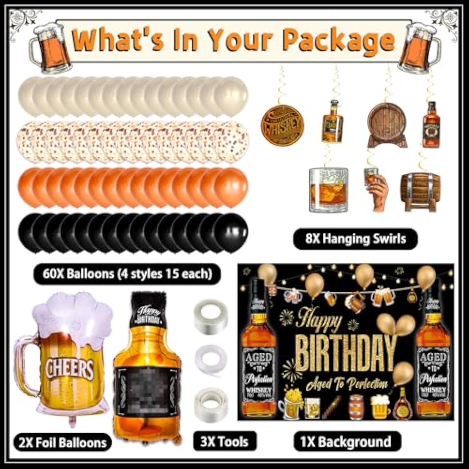 82PCS Whiskey Party Decorations Aged to Perfection Balloon Arch Kit Backdrop Swirls for Men