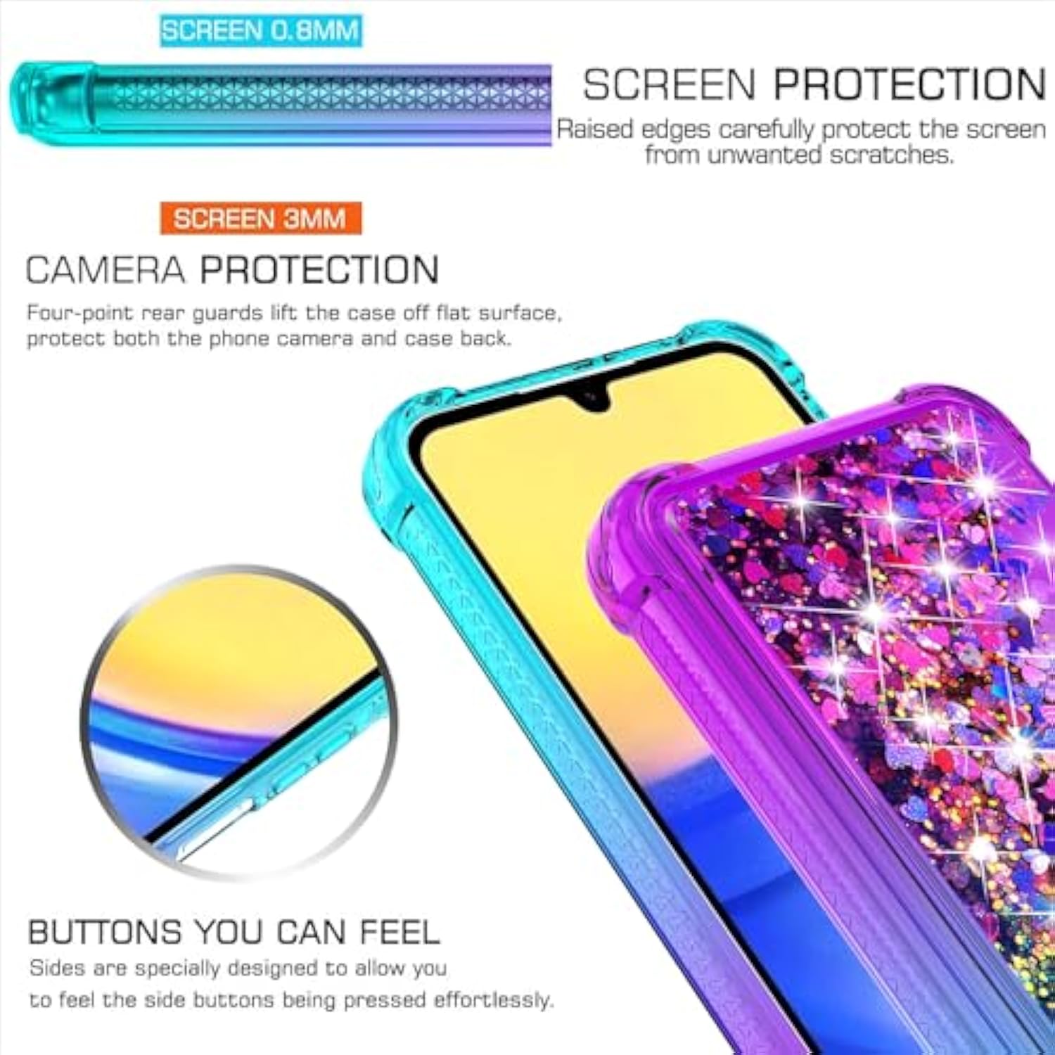 Galaxy A15 5G Case with HD Screen Protector Gradient Glitter Floating Teal/Purple