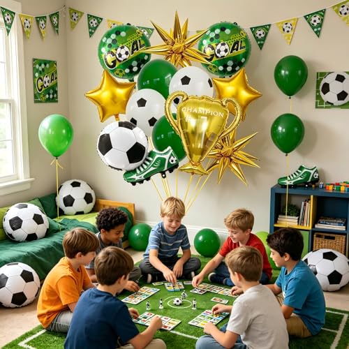 12 PCS Soccer Balloons, Large Gold Trophy Balloon, Sneaker Decorations for World Cup Theme Party, 22 Inch Black White Soccer Balloons for Birthday Party