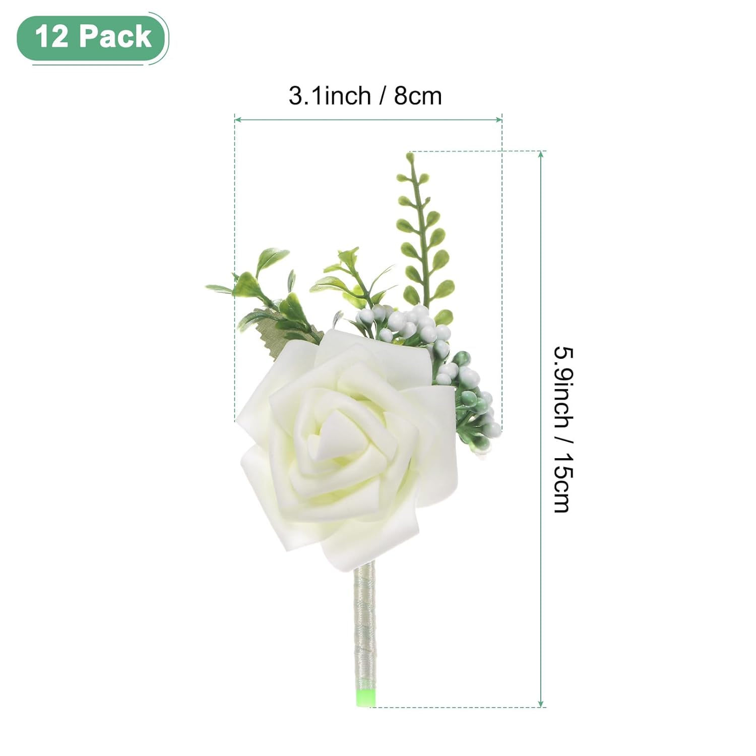 12-Pack Boutonnieres For Men, Artificial Rose Flower Men Boutonnieres With Pin For Wedding/Anniversary/Formal Party, Pocket Boutonnieres For Men [Cream White]