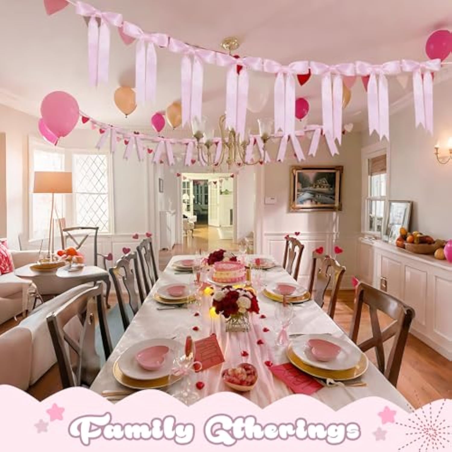 2 Pack Pink Bow Christmas Garland Banner Decor,Sweet Party Hanging Decorations For Women Coquette Birthday Bridal Shower Wedding Engagement Bachelorette Girl Baby Shower Supplies