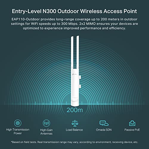 Eap110-Outdoor V3, Omada N300 Wireless Outdoor Access Point, Wifi Coverage Up To 200 Meters, Passive Poe W/ Free Poe Injector, Sdn Integrated, Cloud Access & Omada App, White