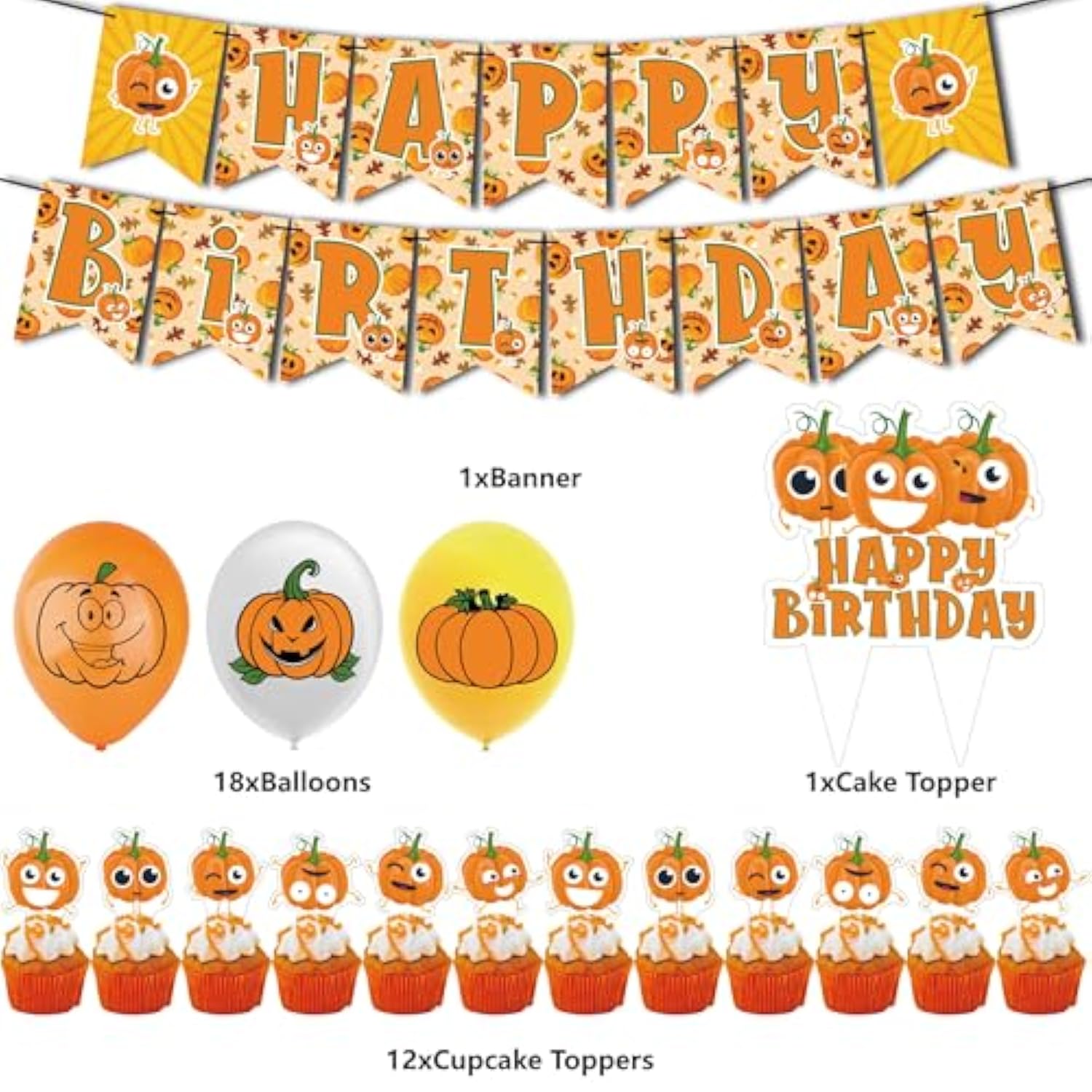 32Pcs Pumpkin Birthday Party Supplies Banner Balloons Cupcake Toppers Decorations Set