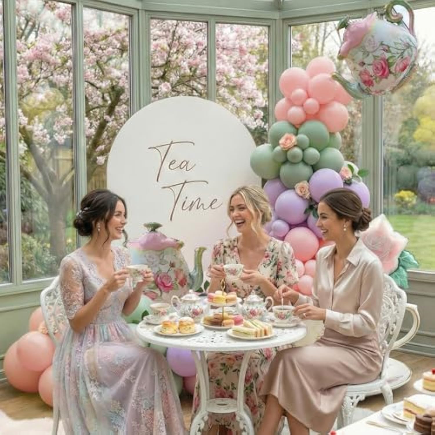 Tea Party Balloon Garland Kit 150Pcs – Pink Sage Green Pastel Purple Balloons With Teapot & Floral Foil – Garden Party Decorations, Baby Shower, Bridal Shower, High Tea, Let'S Partea Decor