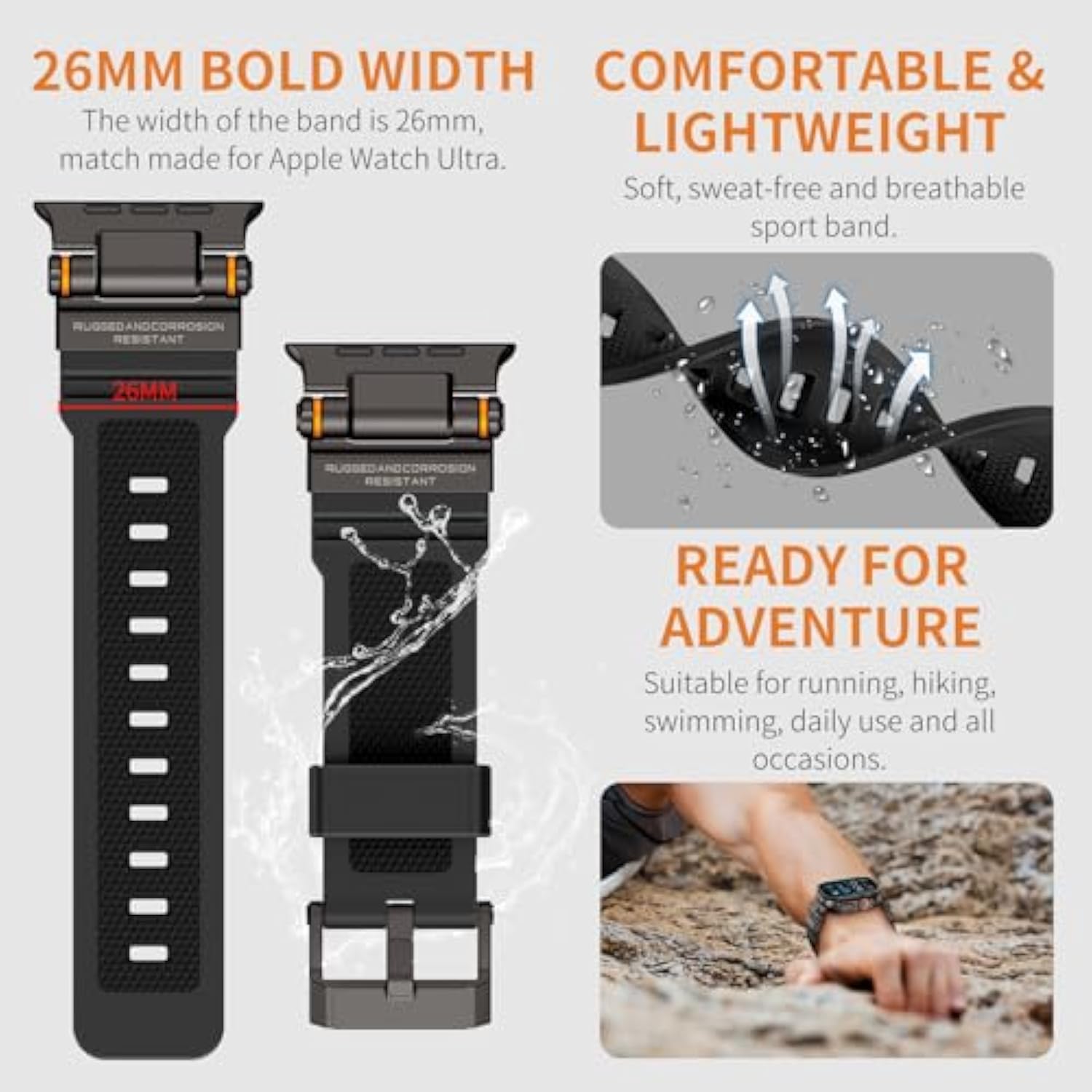 Compatible With Apple Watch Ultra 2/1 Band 49Mm/46Mm/45Mm/44Mm/42Mm For Men, Metal Connector With Silicone Sport Band For Iwatch Ultra Series 10/9/8/7/6/Se/5/4/3/2/1, Black/Black