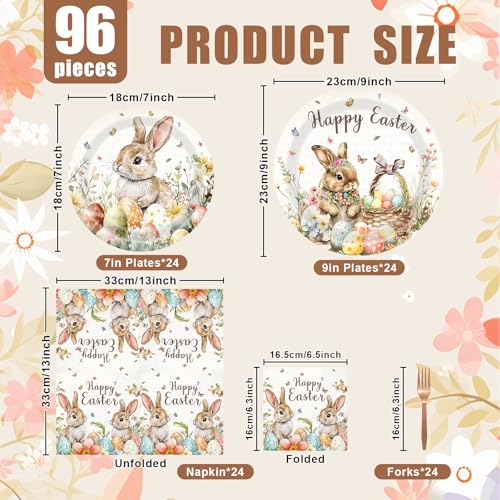 96 Pieces Easter Tableware Set – Bunny Egg Disposable Plates, Napkins and Forks with “Happy Easter” Spring Designs for Holiday Dinners, Parties, and Spring Celebrations – Serves 24