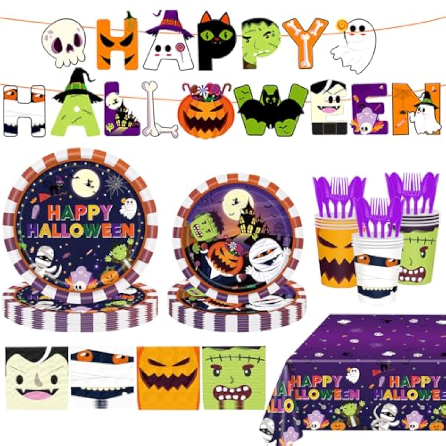 170pcs Halloween Party Decorations Tableware Plates Napkins Cups Cutlery Banner Serves 24