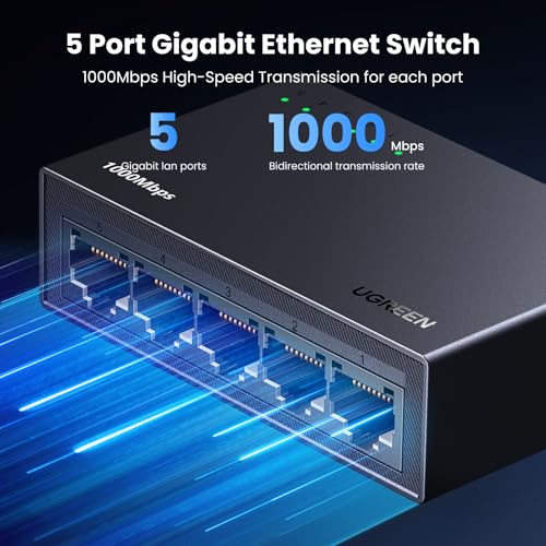 Ethernet Switch, 5 Port Gigabit Ethernet Splitter, Plug & Play, Wall Mount & Desktop Network Switch Hub, Unmanaged, Compact, With Led, Fanless Quiet, For Internet Cable, Laptop, Router, Nas