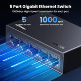 Ethernet Switch, 5 Port Gigabit Ethernet Splitter, Plug & Play, Wall Mount & Desktop Network Switch Hub, Unmanaged, Compact, With Led, Fanless Quiet, For Internet Cable, Laptop, Router, Nas