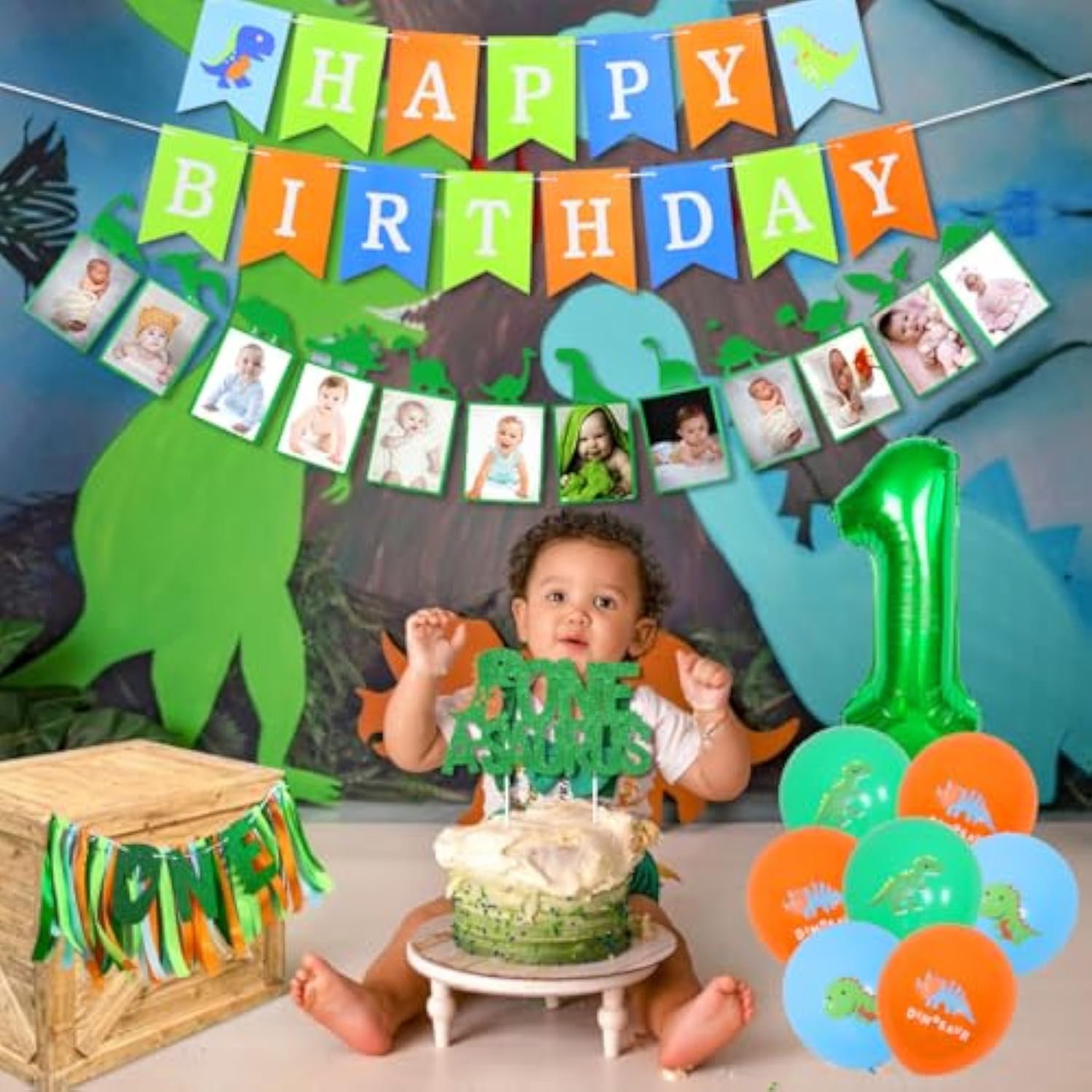 One A Saurus Birthday Decorations, Dinosaur 1St Happy Birthday Party Supplies With Balloons Highchair Banner And Baby Photo Banner, T-Rex Roar Party Decor For Boy One Year Old