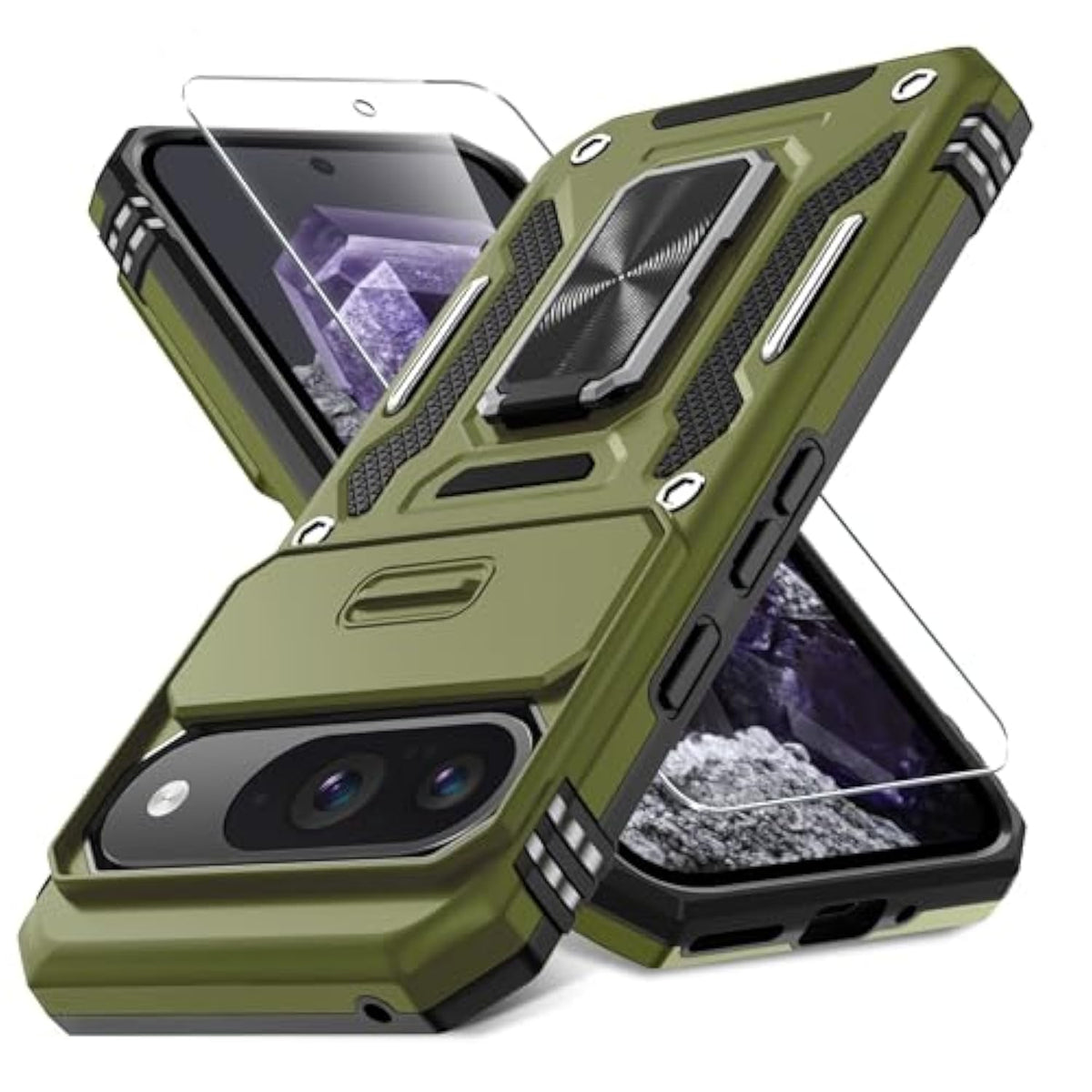 Case For Google Pixel 9/9 Pro With Slide Camera Cover+Screen Protector(1 Pack), Rotated Ring Kickstand Grade Shockproof Protective Cover-Olive Green