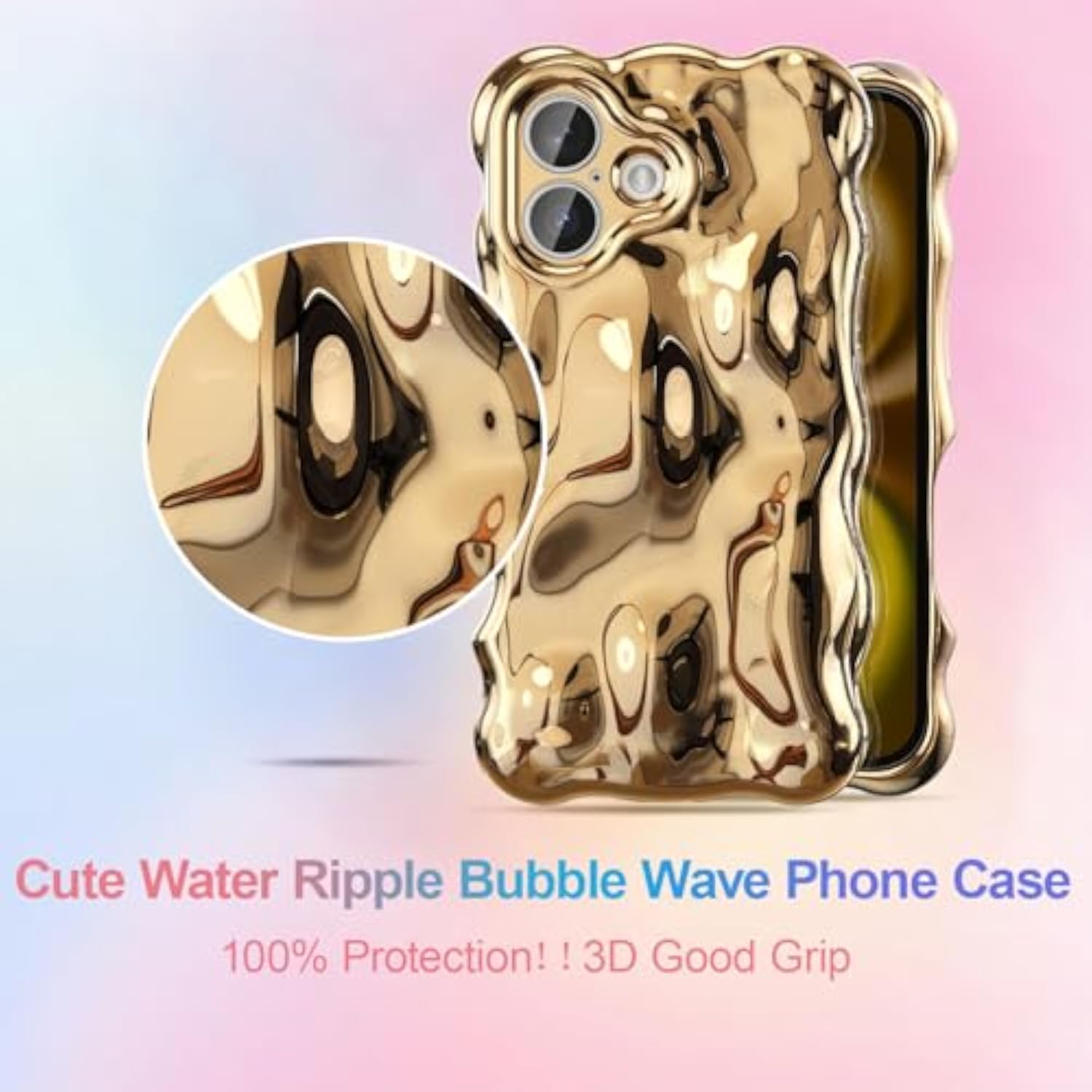 Cute Silver Ripple Case for iPhone 17, 3D Chrome Design Water Ripple Shell Phone Cover, Wave Shape Aesthetic Case for Women and Girls, Gold