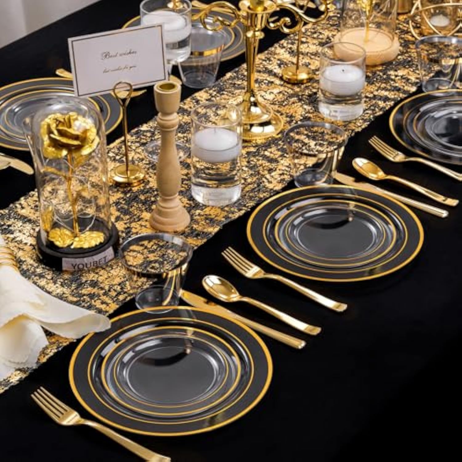 600Pc Gold Trim Plastic Dinnerware Set For Party: 100 Dinner Plates, 100 Dessert Plates, 300 Cutlery
