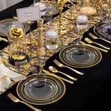 600Pc Gold Trim Plastic Dinnerware Set For Party: 100 Dinner Plates, 100 Dessert Plates, 300 Cutlery