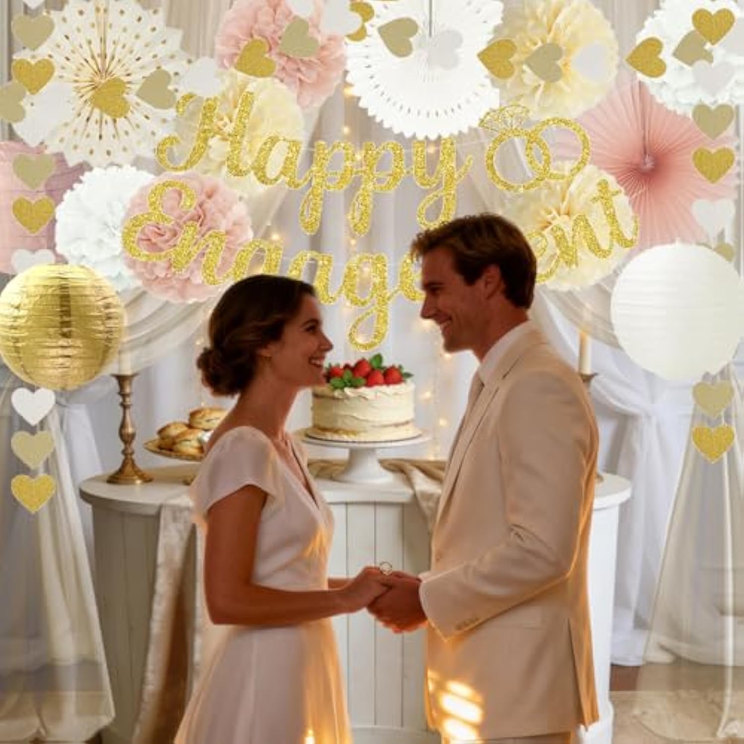 Champagne Gold Engagement Party Decorations - Engagement Banner, Heart Party Garlands, Tissue Paper Pom Poms, Fans And Lanterns Kit For Congratulations, Boho Engaged Decorations