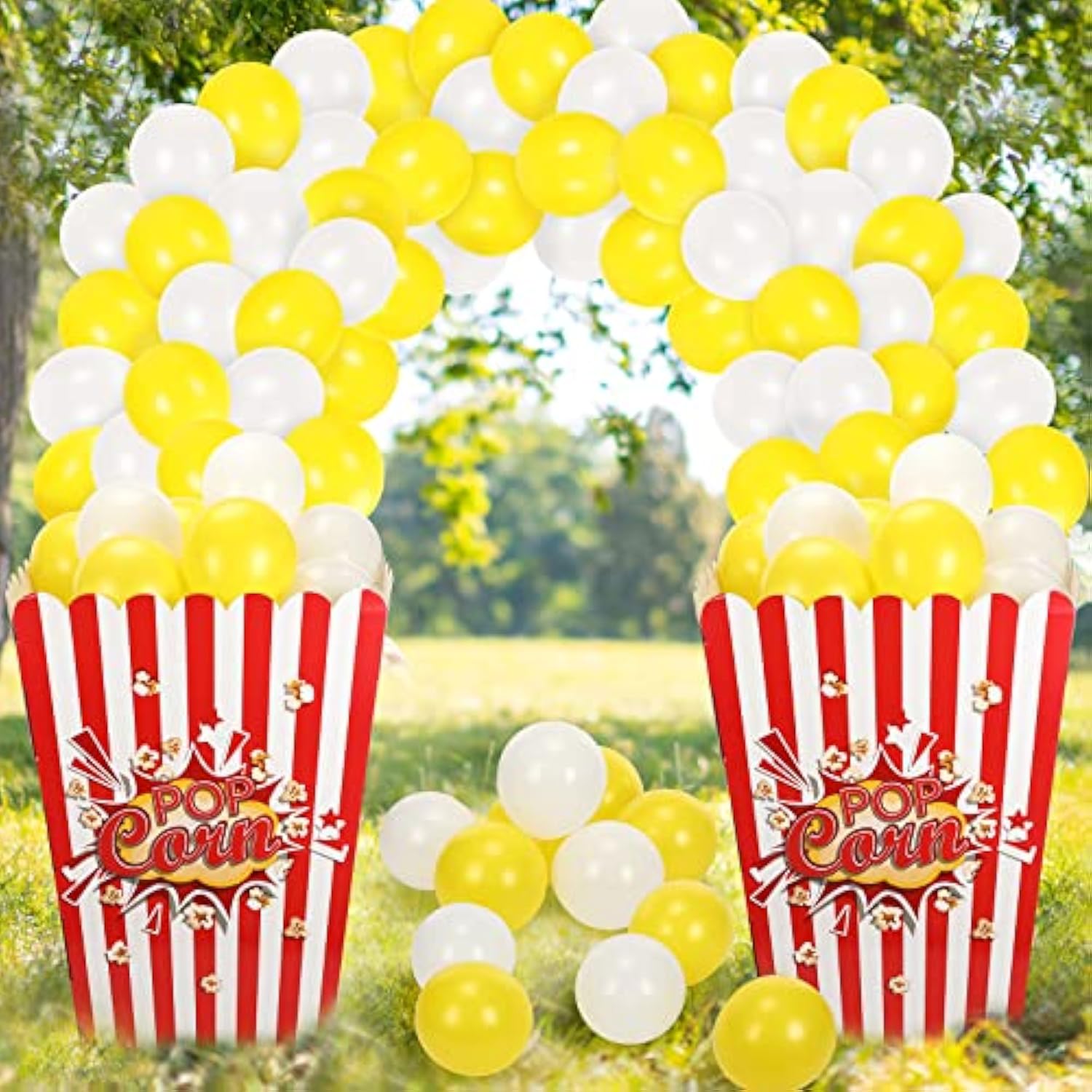 Giant Popcorn Box Cardboard Stand Up With Balloons Movie 3D Popcorn Box Cardboard Stand Up And Yellow White Balloons Carnival Decorations For Movie Night Themed Party(2 Pack)
