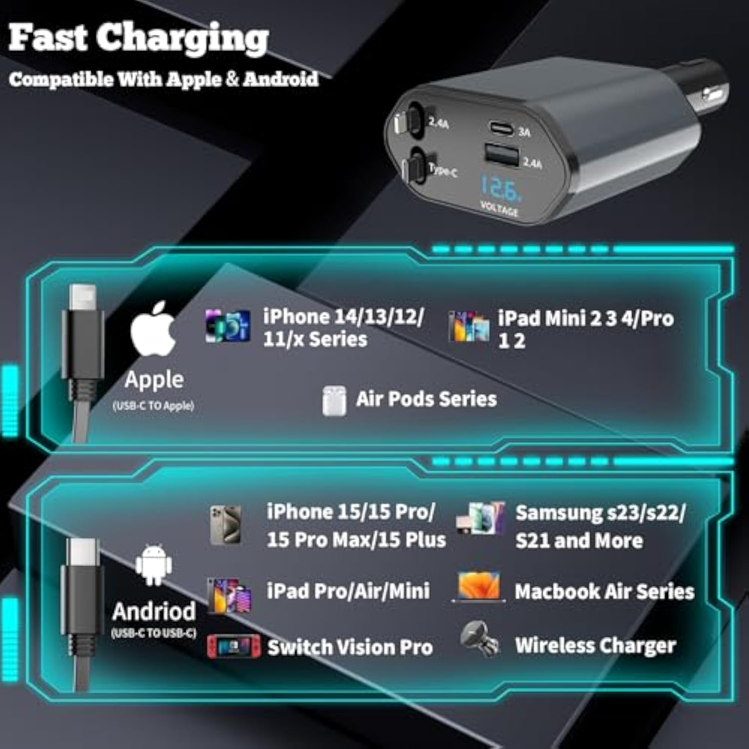 4 In 1 Retractable Car Charger, Fast Charging For Multiple Devices, Compatible With Iphone And Android, With Advanced Safety Features And Real-Time Voltage Monitoring,1-Pack