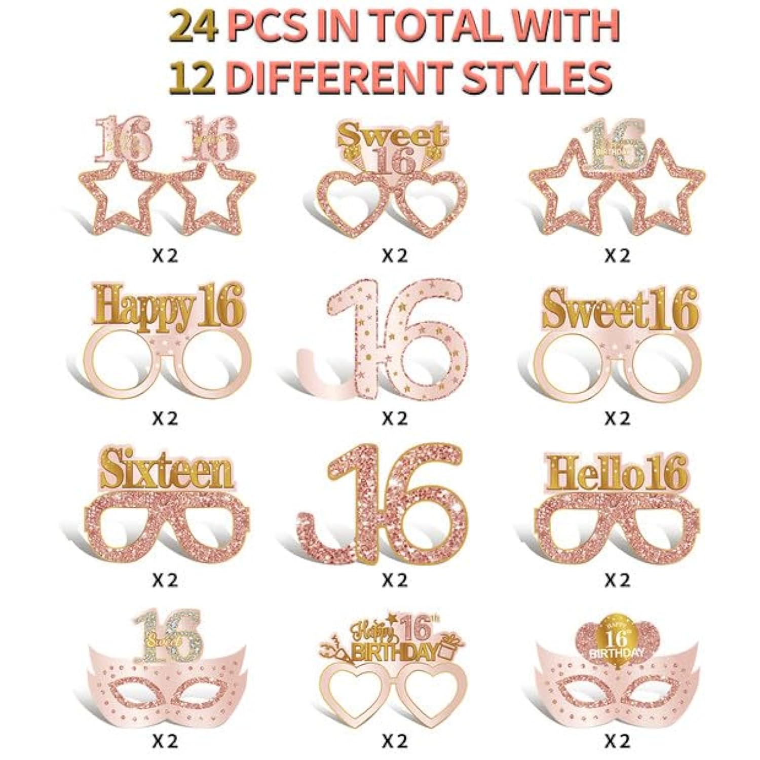 Sweet 16 Birthday Glasses: Pink & Rose Gold Photo Booth Props (24PCS Set)