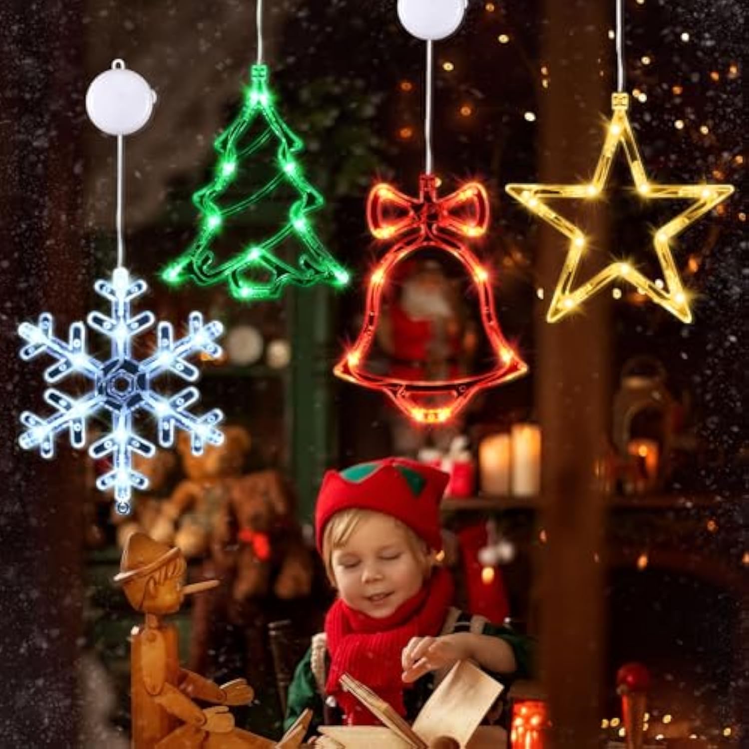 4 Pcs Christmas Window Lights With Timer Function, Christmas Window Decorations Jingle Bell Snowflake Christmas Tree Sta