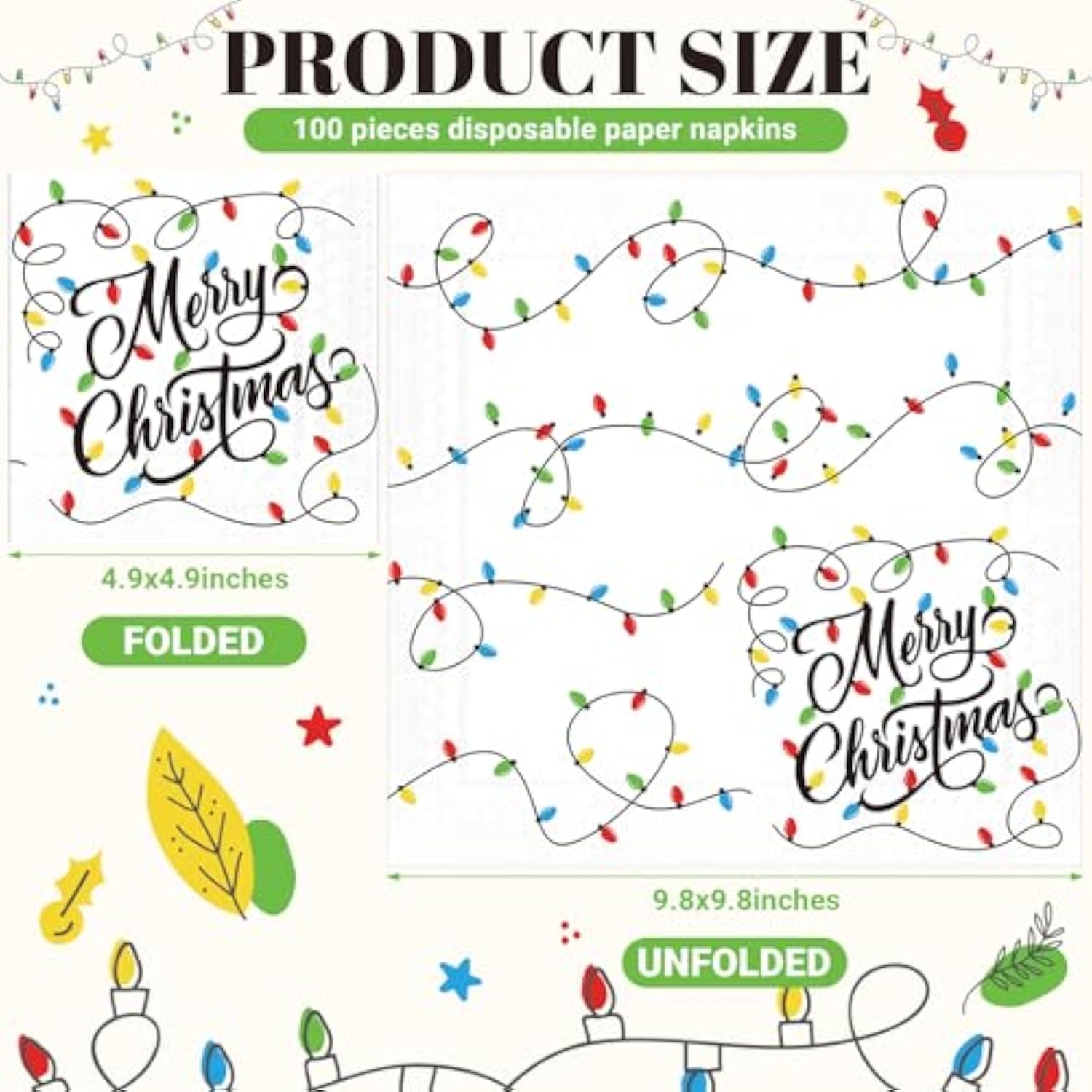100 Pcs Christmas Light Beverage Cocktail Napkins Disposable Merry Christmas Napkins Paper Dinner Guest Napkins For Xmas Winter Birthday Party Supplies Holiday Table Decorations