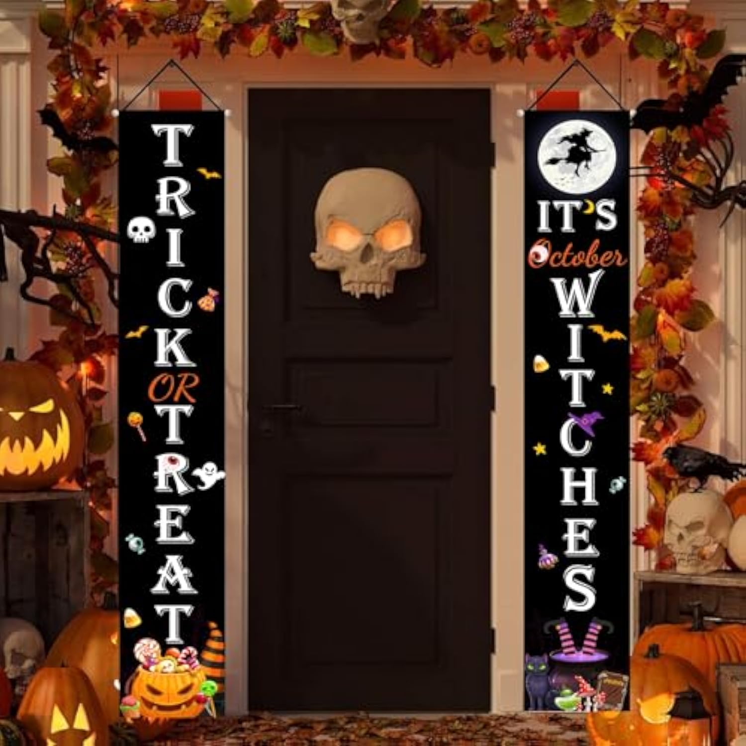 2PCS Halloween Trick or Treat Porch Banners Outdoor Indoor Front Door Decor