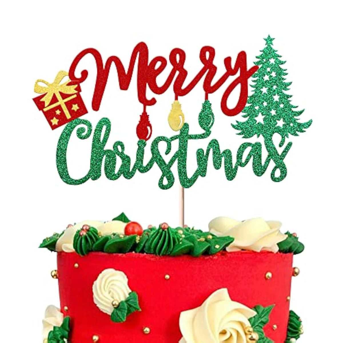1 Pack Merry Christmas Cake Topper Glitter Lights Gift Box Christmas Tree Cake Pick For Merry Christmas Theme New Year Holiday Kids Birthday Party Cake Decorations Supplies