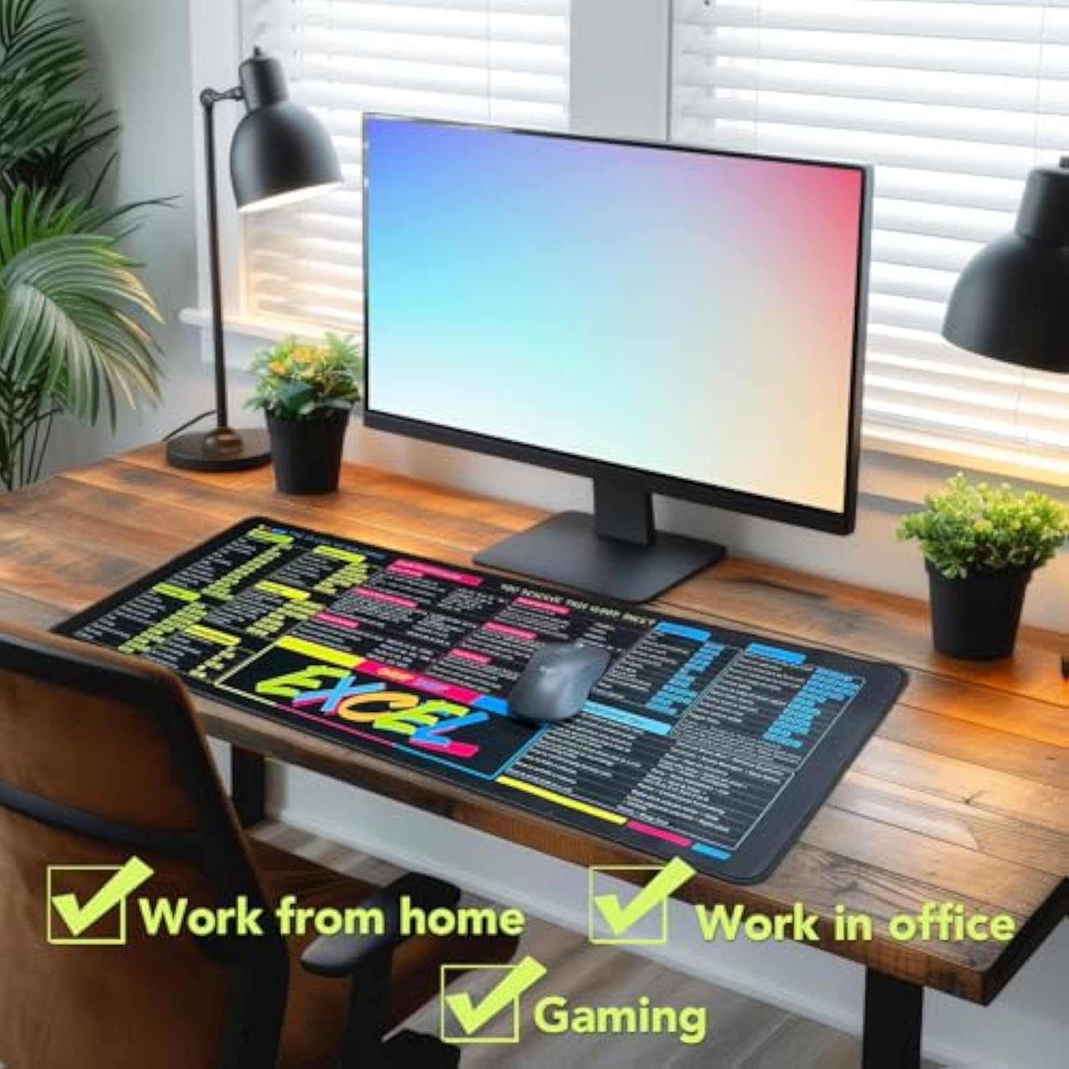 Excel Shortcuts Mousepad, Large Excel Cheat Sheet Desk Mat With Stitched Edge Non-Slip Excel Mouse Pad For Office And Work From Home (Colorful)