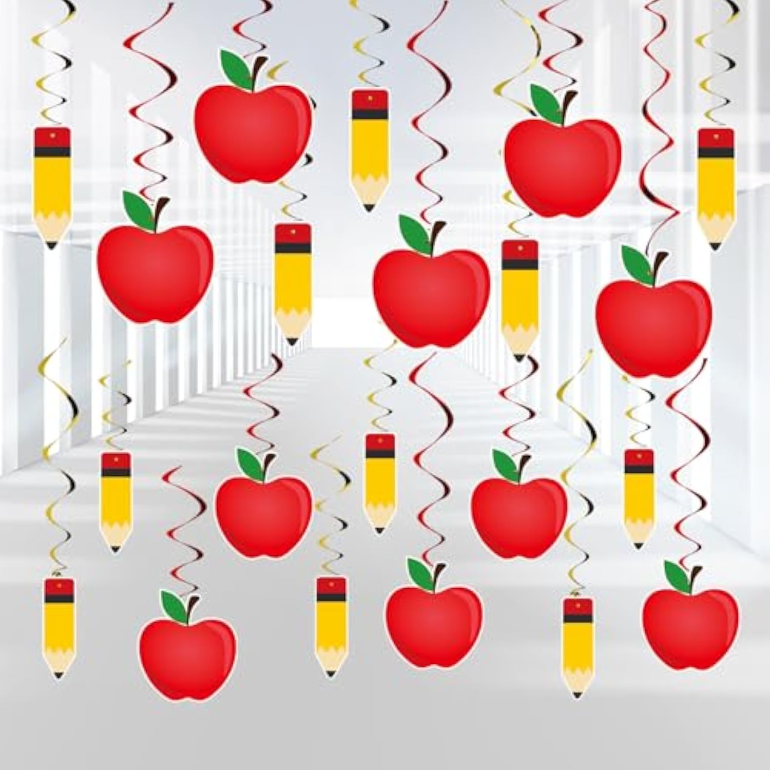 , 52 Pcs Back To School Apple Pencil Hanging Swirls Decorations, No Diy, First Day Of School Decorations For Apple Swirls, Back To School Classroom Decorations, Back To School Party Supplies