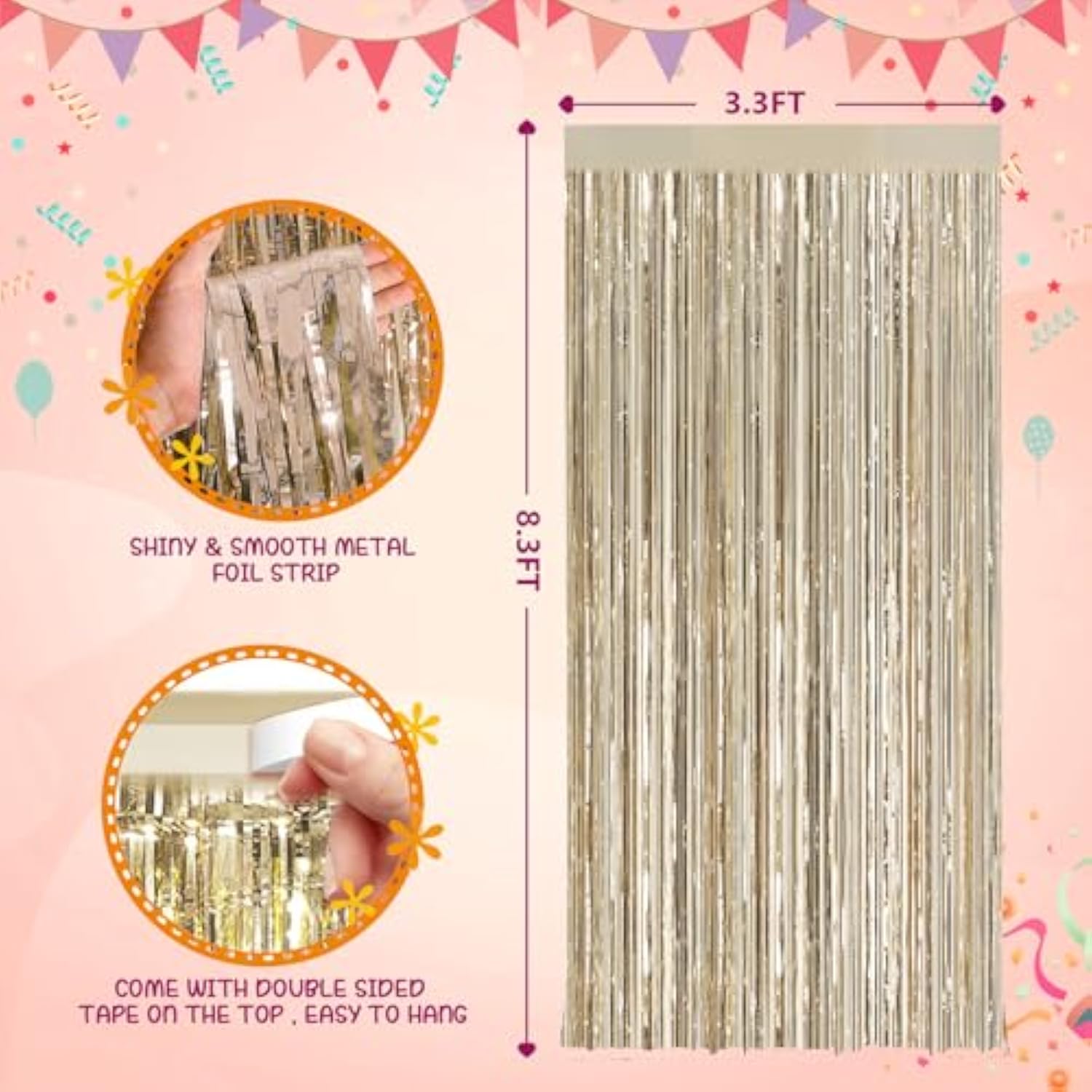 2Pack Champange Party Metallic Tinsel Foil Fringe Curtains, 3.2Ft X 8.2Ft Door Streamer Photo Booth Backdrop For Birthday Graduation Engagement Bridal Shower Bachelorette Baby Shower Party Decorations