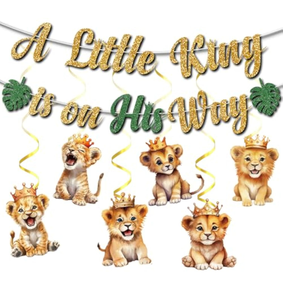 A Little King Is On His Way Banner, Lion King Baby Shower Decorations, Gold Glitter Lion Banner For Jungle Birthday Party Decorations