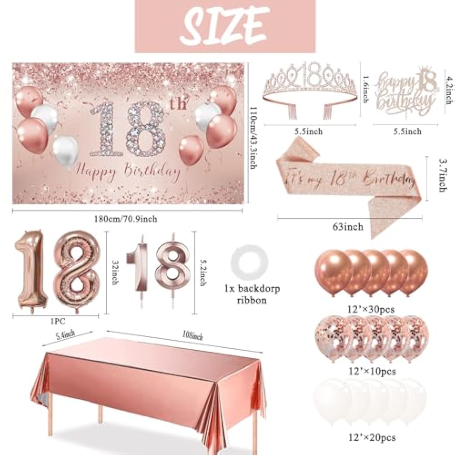 67pcs 18th Birthday Balloon Set with Rose Gold Banner, Tiara, Tablecloth & Cake Toppeer